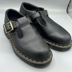 Dr. Martens Black Leather Mary Jane Flats with Yellow Stitching